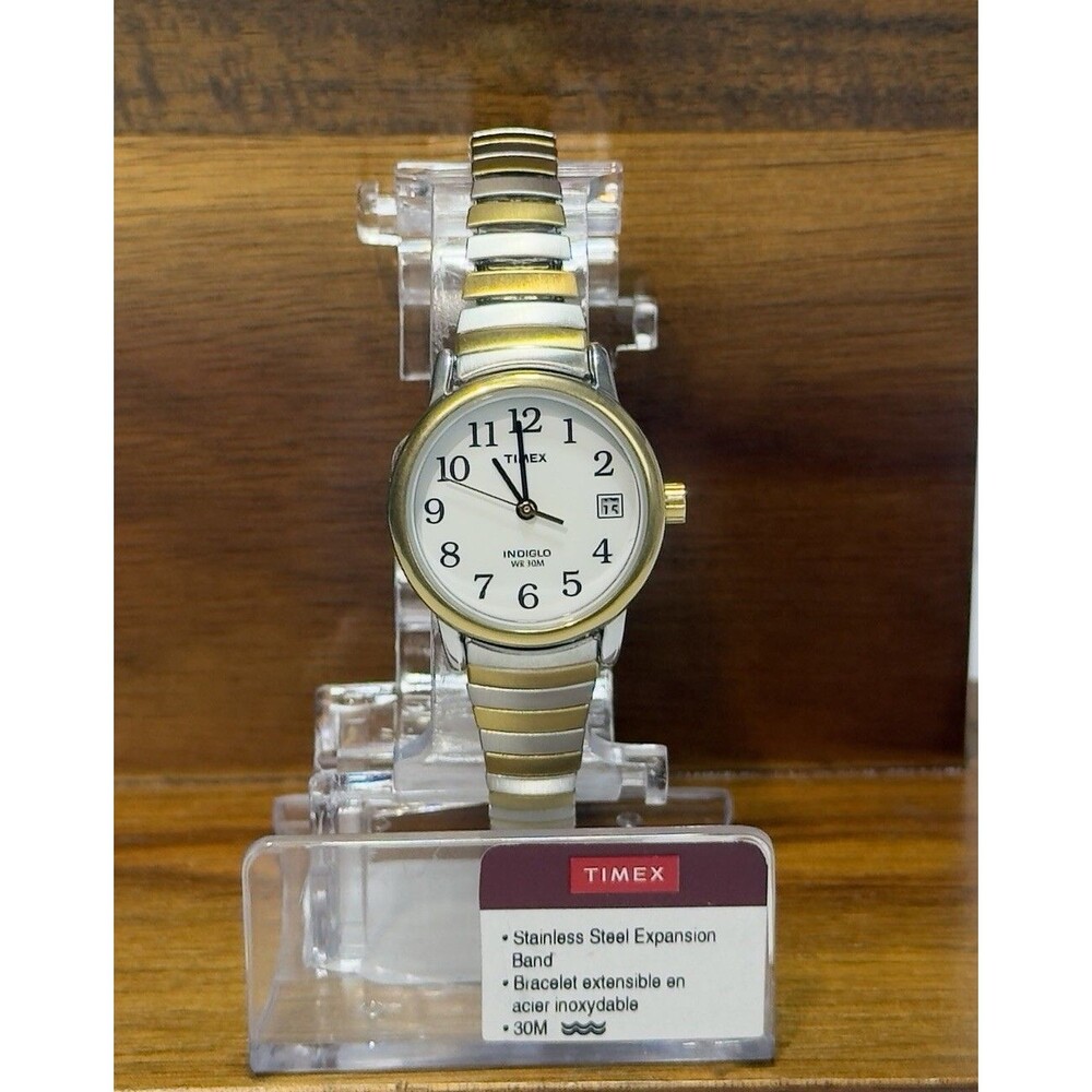 Timex Watch Women TW2U79100 25mm Silver Gold Two Tone Indiglo Stretch Band